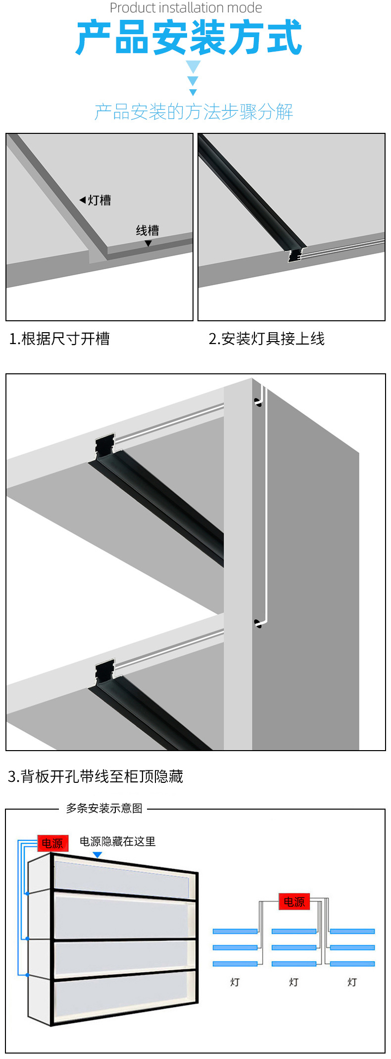 嵌入式led灯条开槽橱柜灯酒柜展柜灯电视衣柜书柜人体感应层板灯(图4)