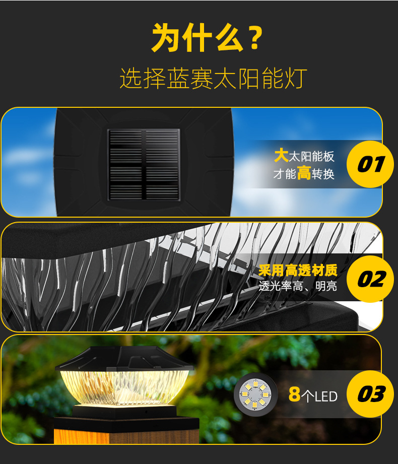 新品太阳能柱头灯 8LED一灯双色户外庭院花园景观 柱子灯(图4)